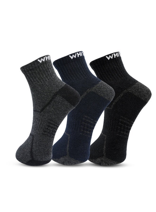 White Leaf 3 Pairs Ankle Socks Soft Cotton Terry Cushioned Moisture-Wicking Antibacterial Free Size Black, Gray and Blue - Image 1